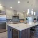 A kitchen with a quartz countertop