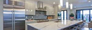 A kitchen with a quartz countertop