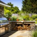 An outdoor kitchen with a long countertop