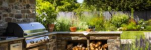 An outdoor kitchen with a long countertop