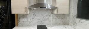A full-height backsplashes in a kitchen